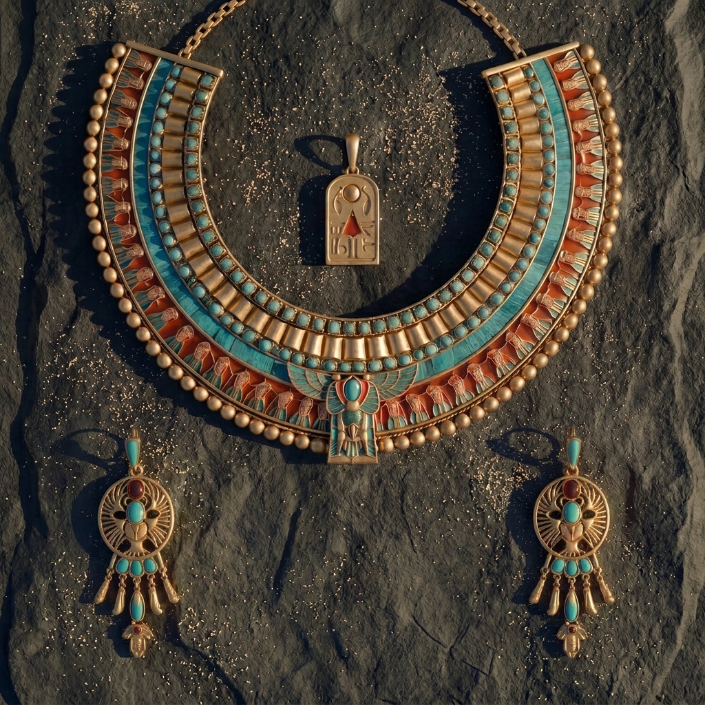 Il Corredo del Nilo — the broad collar, cartouche pendant and drop earrings